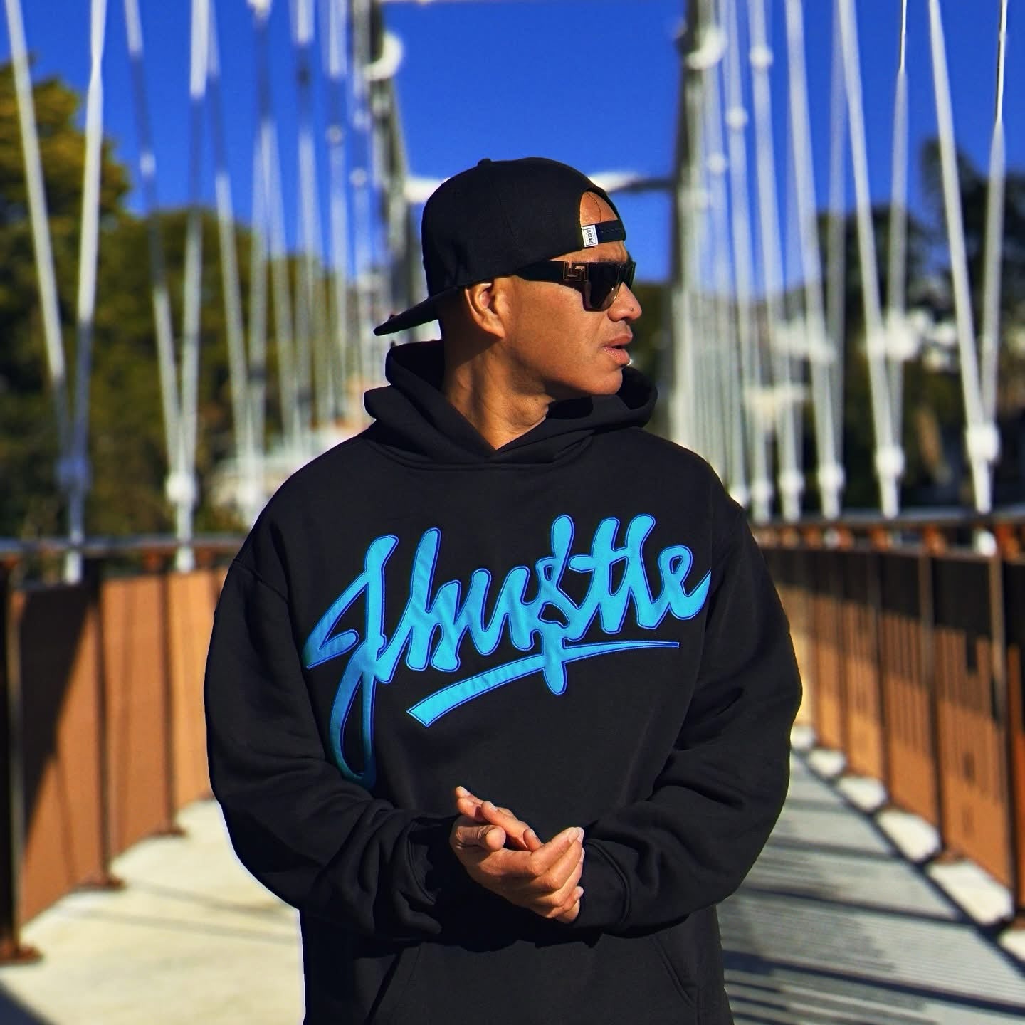 J-Hustle Teal & Royal Graffiti Appliqué Hoodie – Black