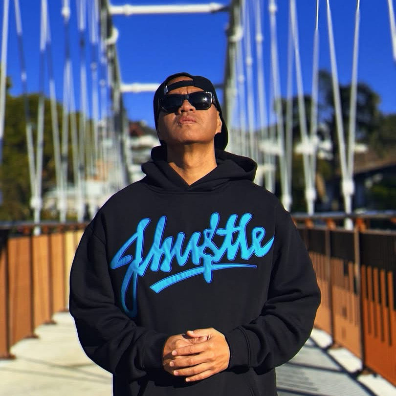 J-Hustle Teal & Royal Graffiti Appliqué Hoodie – Black