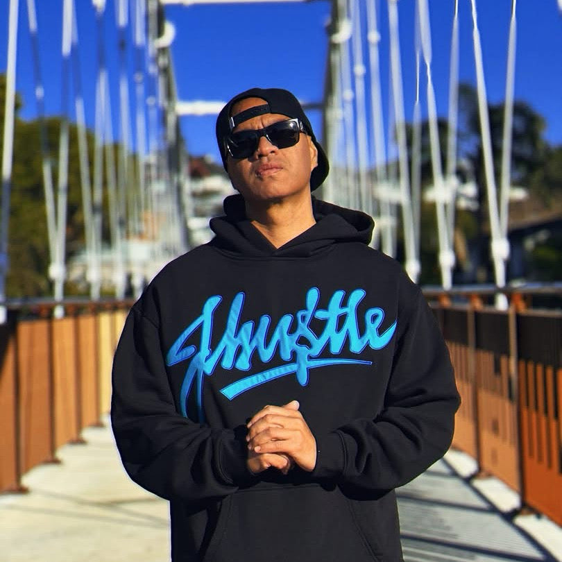 J-Hustle Teal & Royal Graffiti Appliqué Hoodie – Black