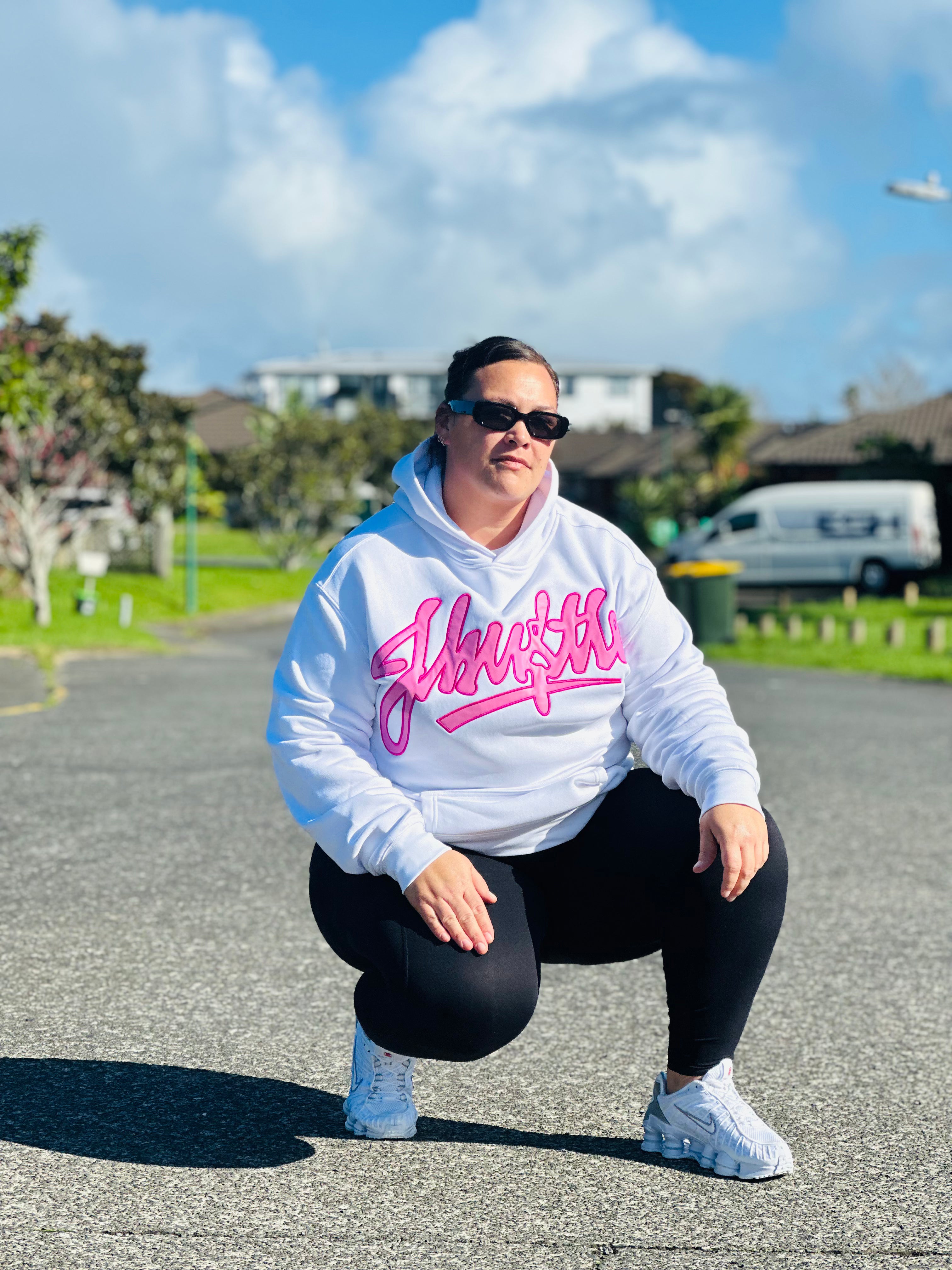 J-Hustle Pink Graffiti Appliqué Hoodie – White