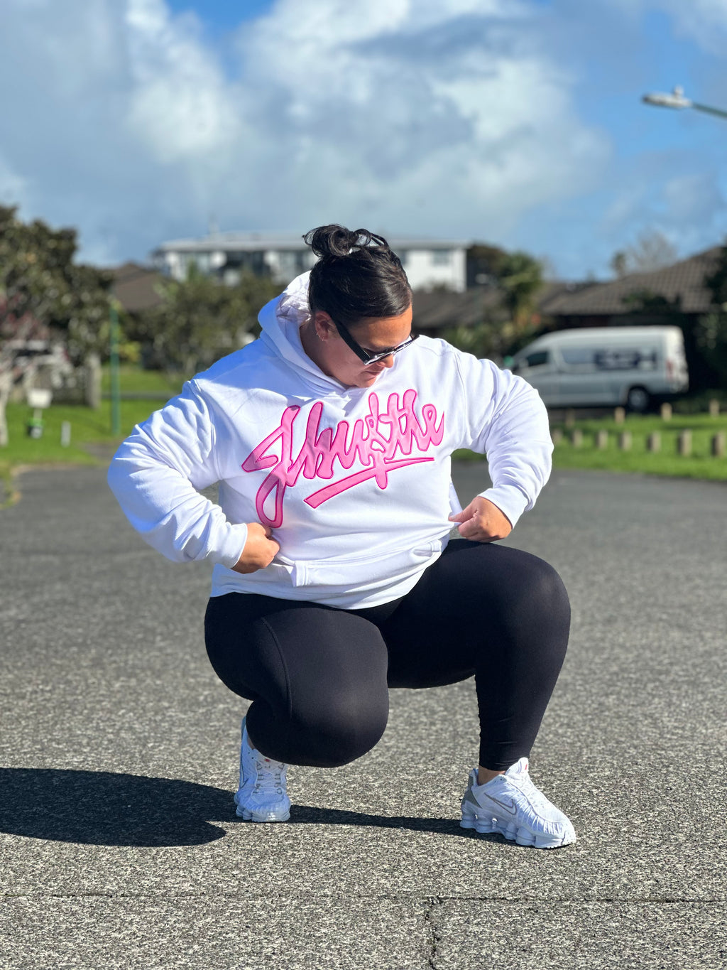 J-Hustle Pink Graffiti Appliqué Hoodie – White